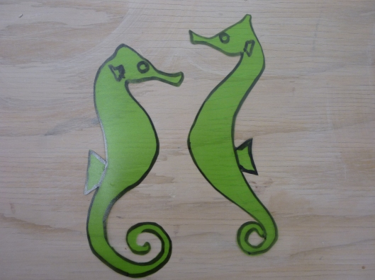 Seahorse patterns (cut out after tracing them from sketches).